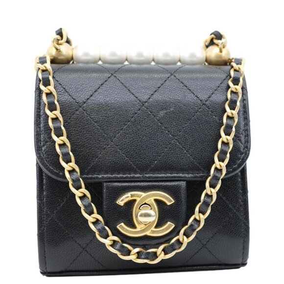 Chanel  Chic Pearls Quilted Goatskin Leather Clutch On Chain Black - Picture 1 of 13